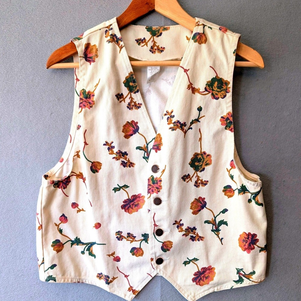 Vtg Denim Vest Cream 80s Floral Cotton Button Women's Large Cottagecore Grandma